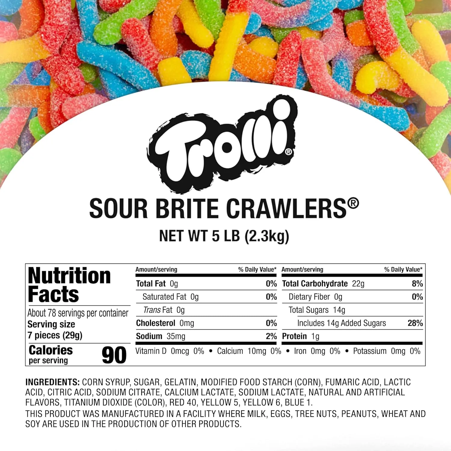 Trolli Sour Brite Crawlers Candy, Gummy Worms Sour Candy, 5 Pound Bulk Bag