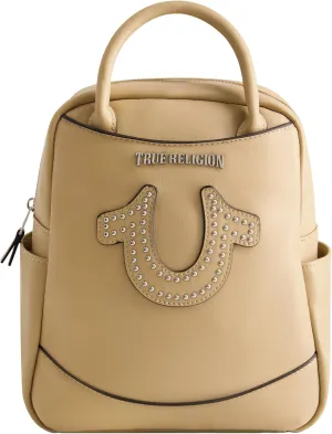 True Religion Women's Mini Backpack, Studded Horseshoe Logo Small Travel Bag Purse, Adjustable Shoulder Straps, Camel, 11 Inch