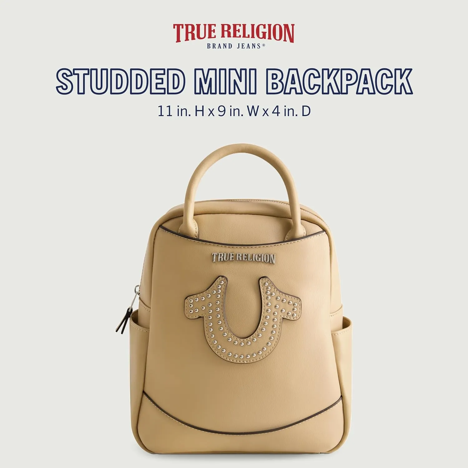 True Religion Women's Mini Backpack, Studded Horseshoe Logo Small Travel Bag Purse, Adjustable Shoulder Straps, Camel, 11 Inch