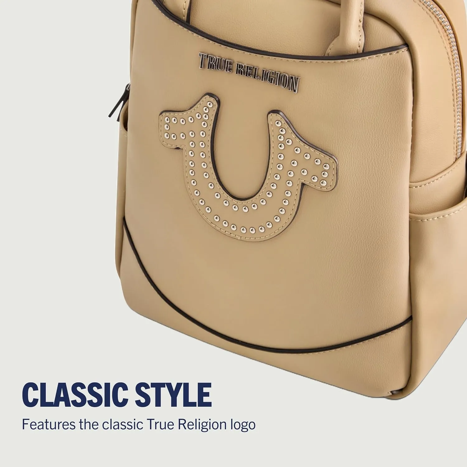 True Religion Women's Mini Backpack, Studded Horseshoe Logo Small Travel Bag Purse, Adjustable Shoulder Straps, Camel, 11 Inch