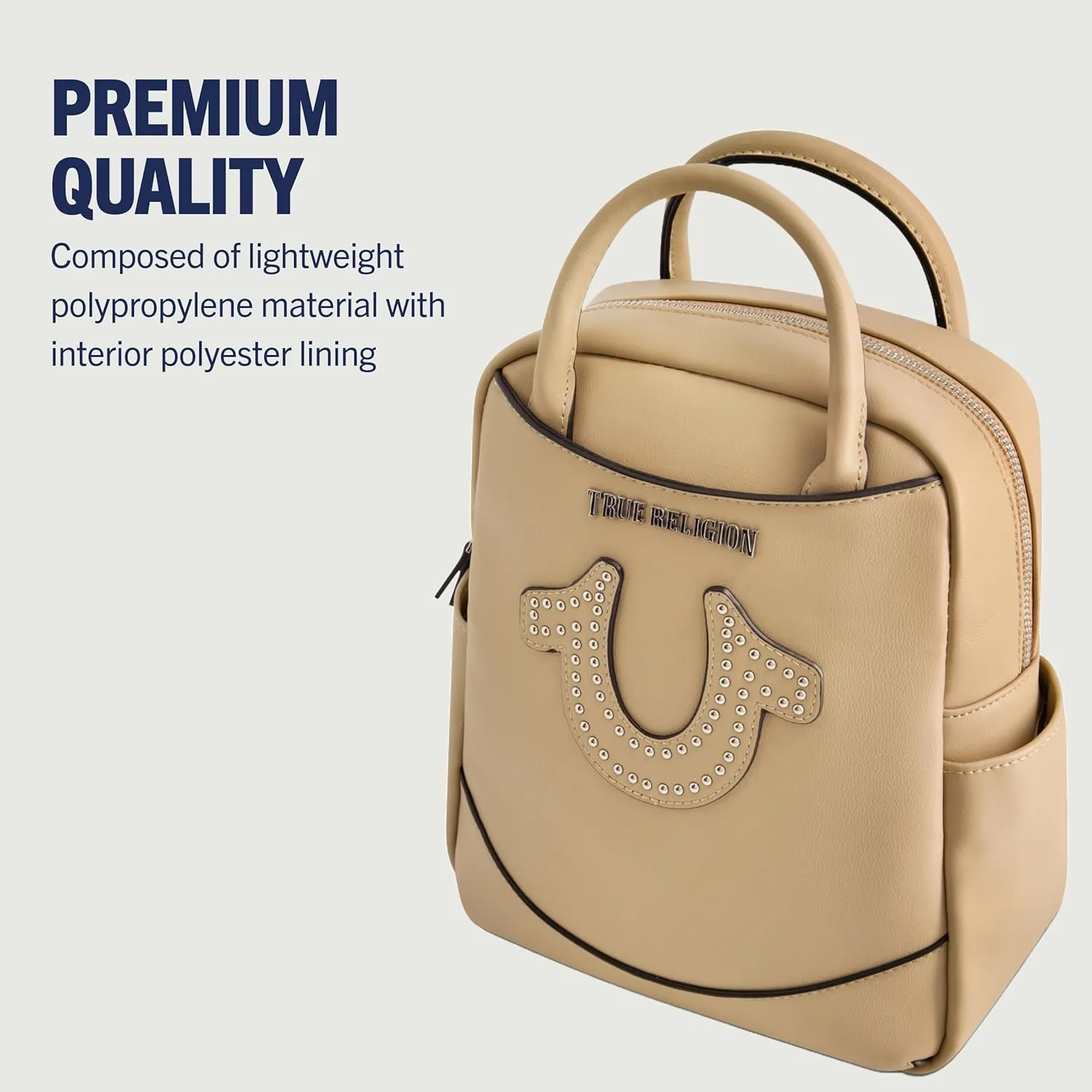 True Religion Women's Mini Backpack, Studded Horseshoe Logo Small Travel Bag Purse, Adjustable Shoulder Straps, Camel, 11 Inch