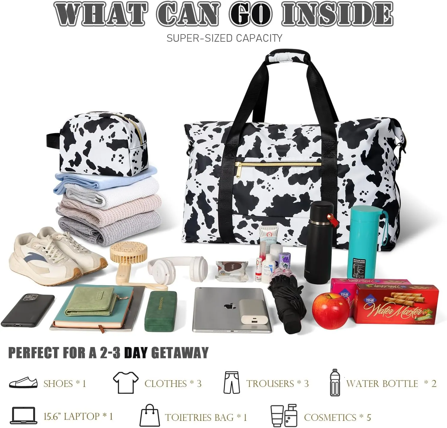 Tuwubi Travel Duffle Bag, Gym Bag for Women, Weekender Bags, 45L Travel Duffel Bags with Small Pouch - Cow Print