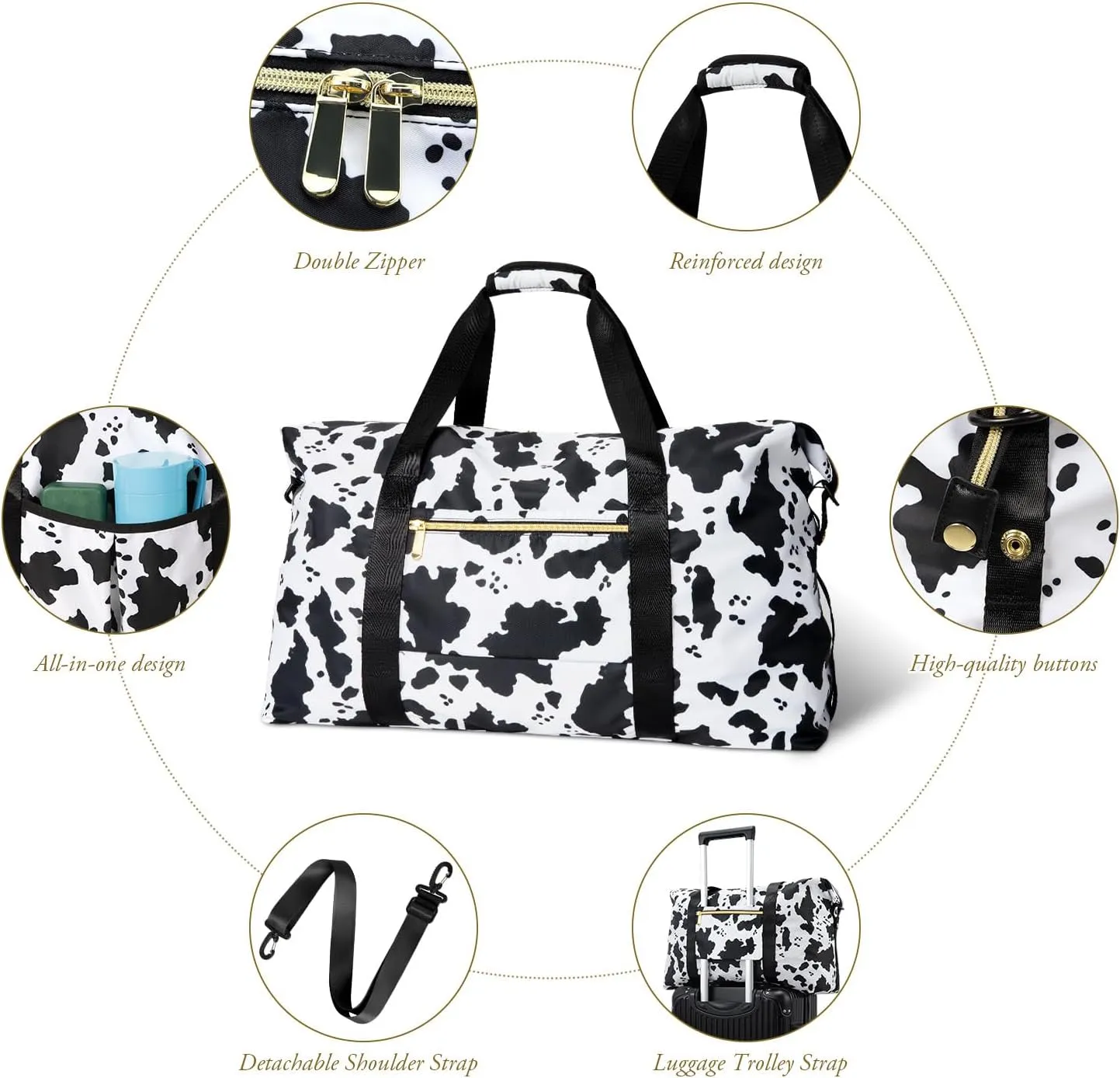 Tuwubi Travel Duffle Bag, Gym Bag for Women, Weekender Bags, 45L Travel Duffel Bags with Small Pouch - Cow Print