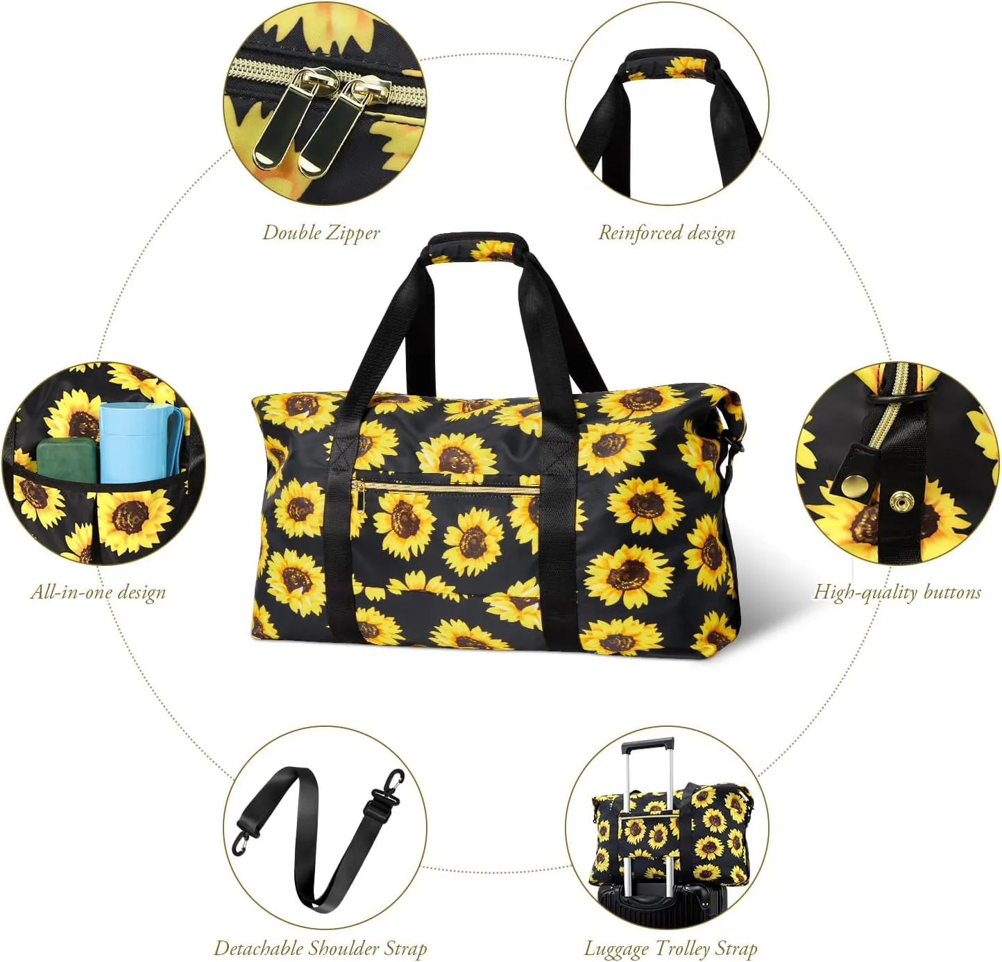 Tuwubi Travel Duffle Bag, Gym Bags for Women, Weekender Bags, 45L Travel Duffel Bag with Small Pouch - Sunflower