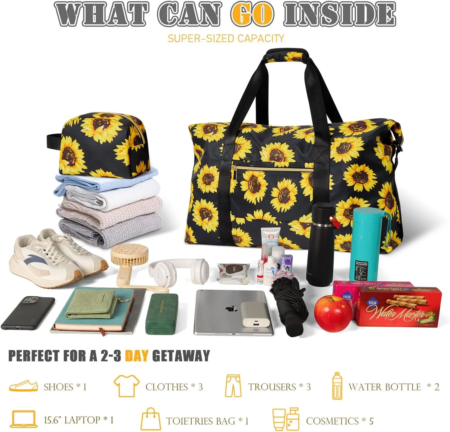 Tuwubi Travel Duffle Bag, Gym Bags for Women, Weekender Bags, 45L Travel Duffel Bag with Small Pouch - Sunflower