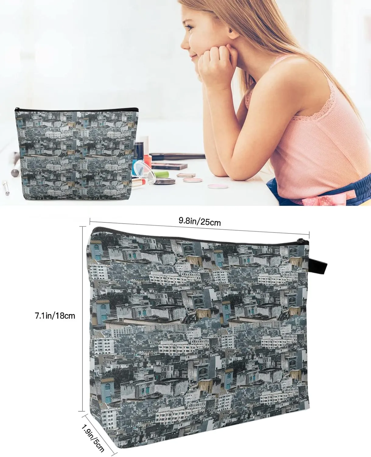 Urban Pictorial Cosmetic Bags for Women, Modern Realistic Scenery Retro House Small Makeup Bag for Purse, Waterproof Travel Toiletry Bag Accessories Organizer, 1PCS