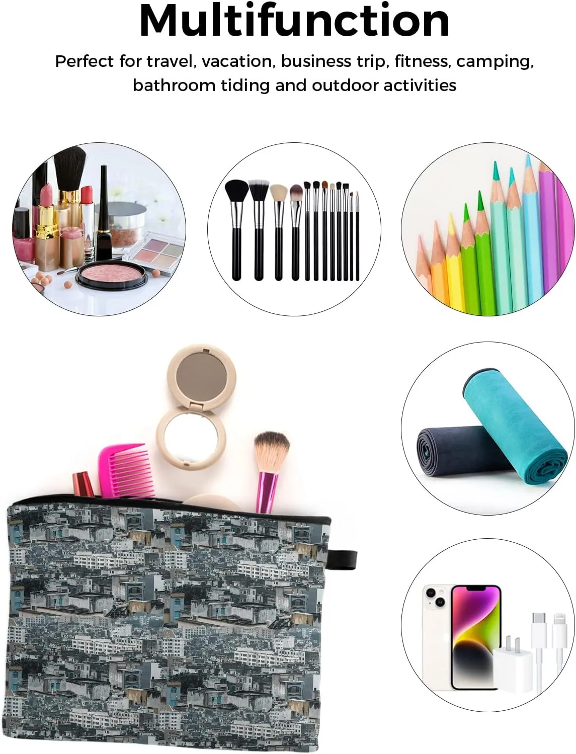 Urban Pictorial Cosmetic Bags for Women, Modern Realistic Scenery Retro House Small Makeup Bag for Purse, Waterproof Travel Toiletry Bag Accessories Organizer, 1PCS