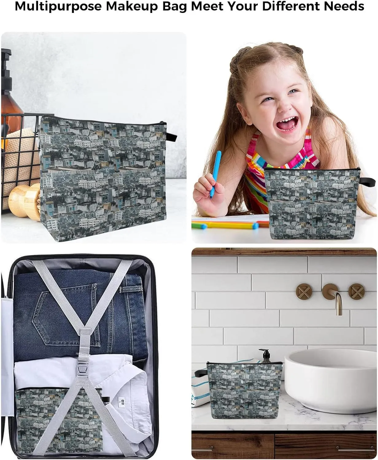 Urban Pictorial Cosmetic Bags for Women, Modern Realistic Scenery Retro House Small Makeup Bag for Purse, Waterproof Travel Toiletry Bag Accessories Organizer, 1PCS