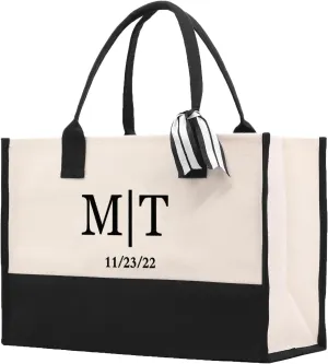 VANESSA ROSELLA Initials and Date Customized Embroidered Tote Bag 100% Cotton Canvas and Chic Personalized Tote Bag for Bridesmaid Anniversary Wedding Day (Black, Initials and Date)