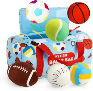Vanmor Sensory Sports Balls for Toddlers, Baby Toys with Travel Bag, Early Learning Plush Sensory Toy for Infant 12M , My First Balls Bag with Crinkle, Rattles, Baby Shower Newborn Toys