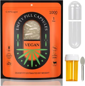 Vegan Size 1 Capsules, 1000 Count Premium Empty Capsules Separated in Bags, Clear Separated Empty Capsules Size 1, Pill Capsules Empty for DIY Supplement Filling