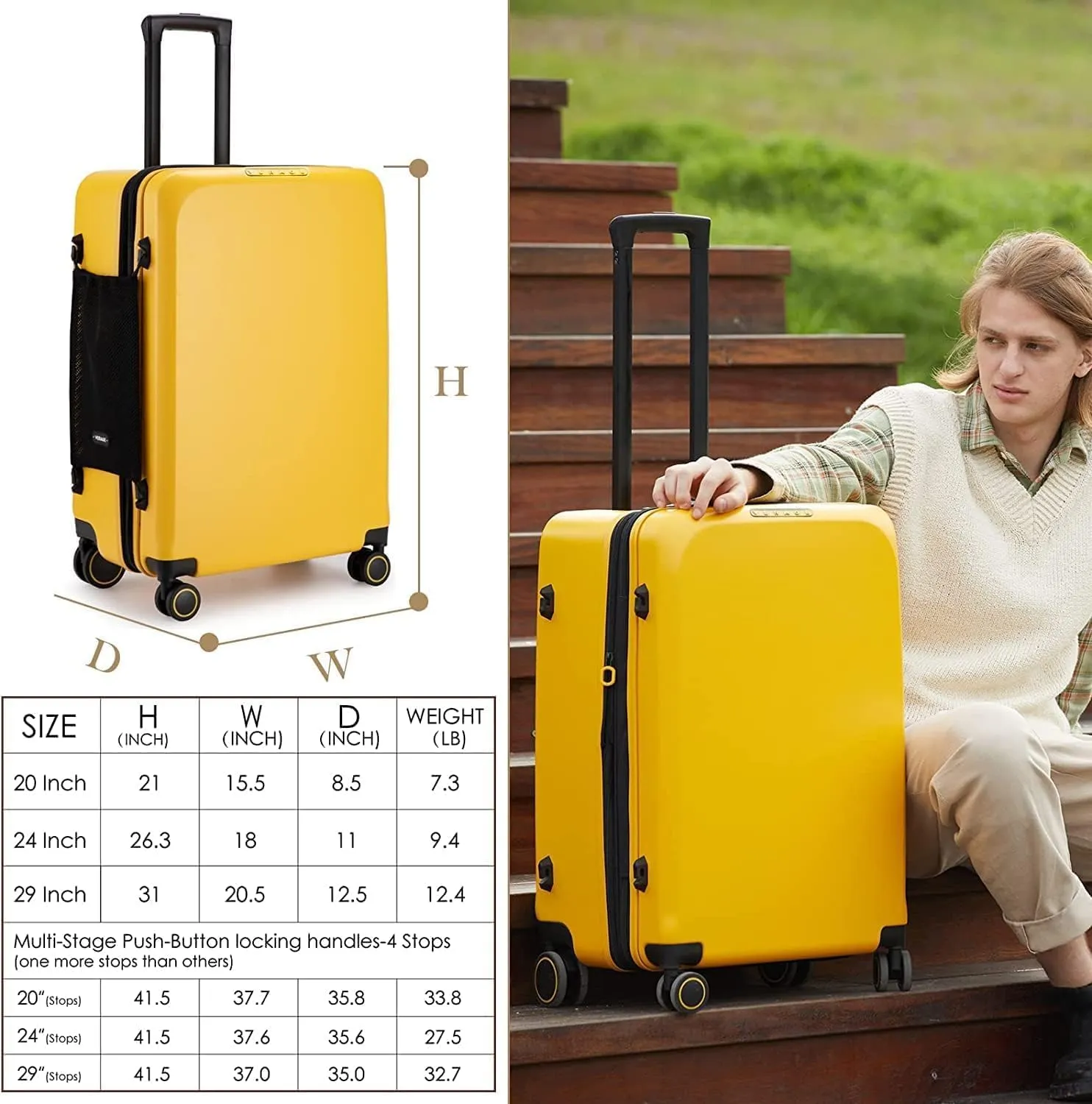 Verage Freeland 2Piece Luggage Sets with X-Large Spinner Wheels, Expandable Hardshell Luggage Sets, Travel Suitcase Set TSA Approved (20/29-Inch, Yellow)