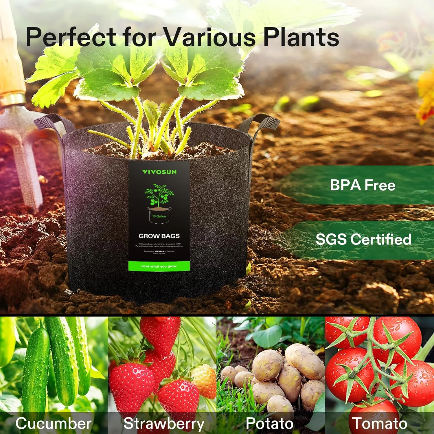 VIVOSUN 20-Pack 10 Gallon Grow Bags, Heavy Duty Thickened Nonwoven Fabric Pots with Handles for Flowers Fruits and Vegetables Black