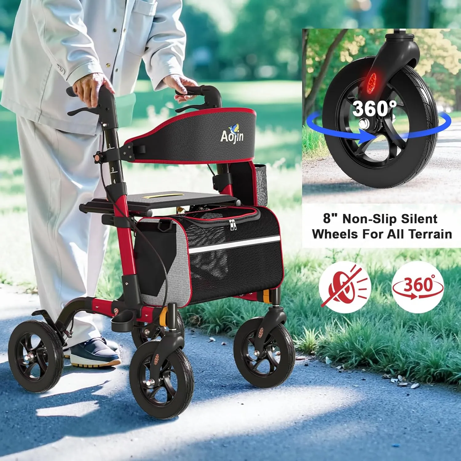Walkers for Seniors, Rollator Walker with Seat, 350 lb Weight Capacity, 18" Big Seat, 8" All-Terrain Wheels, 6-Level Adjustable Height, Lightweight Aluminum Frame Rollator Walkers for Seniors (Red)
