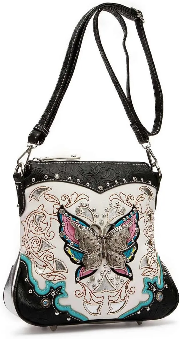 Western Style Metal Butterfly Rhinestone Studded Floral Tooled Leather Women Purse Crossbody Handbag Single Shoulder Bag