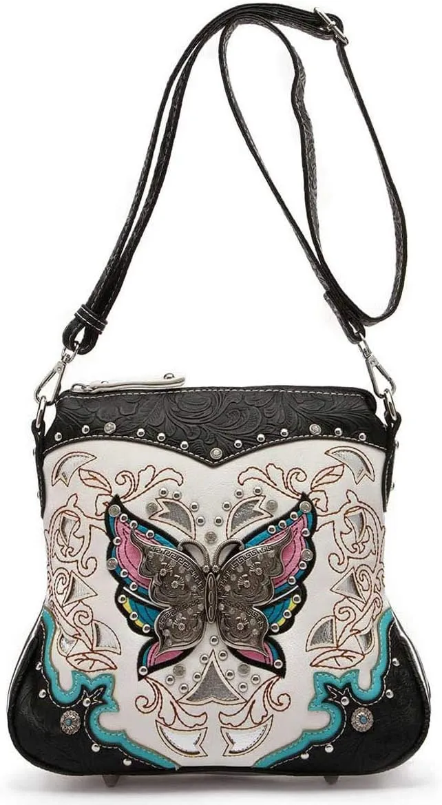 Western Style Metal Butterfly Rhinestone Studded Floral Tooled Leather Women Purse Crossbody Handbag Single Shoulder Bag