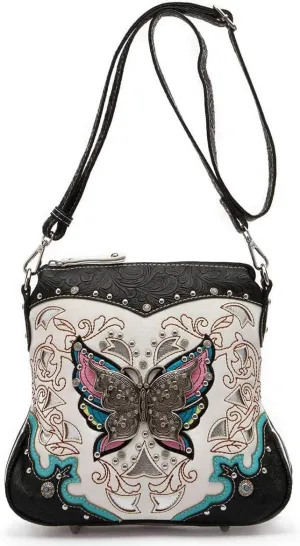 Western Style Metal Butterfly Rhinestone Studded Floral Tooled Leather Women Purse Crossbody Handbag Single Shoulder Bag