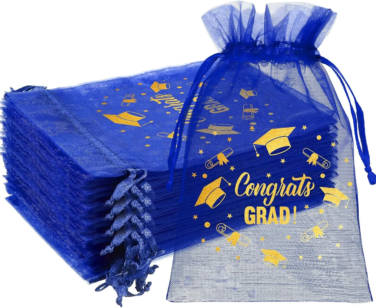 Windyun 200 Pcs Graduation Blue Grad Candy Bags Bulk 4 x 6 Inch Organza Favor Bags with Drawstring Small Mesh Cookie Gift Pouches for Grad Party Congrats Supplies