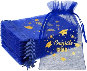 Windyun 200 Pcs Graduation Blue Grad Candy Bags Bulk 4 x 6 Inch Organza Favor Bags with Drawstring Small Mesh Cookie Gift Pouches for Grad Party Congrats Supplies
