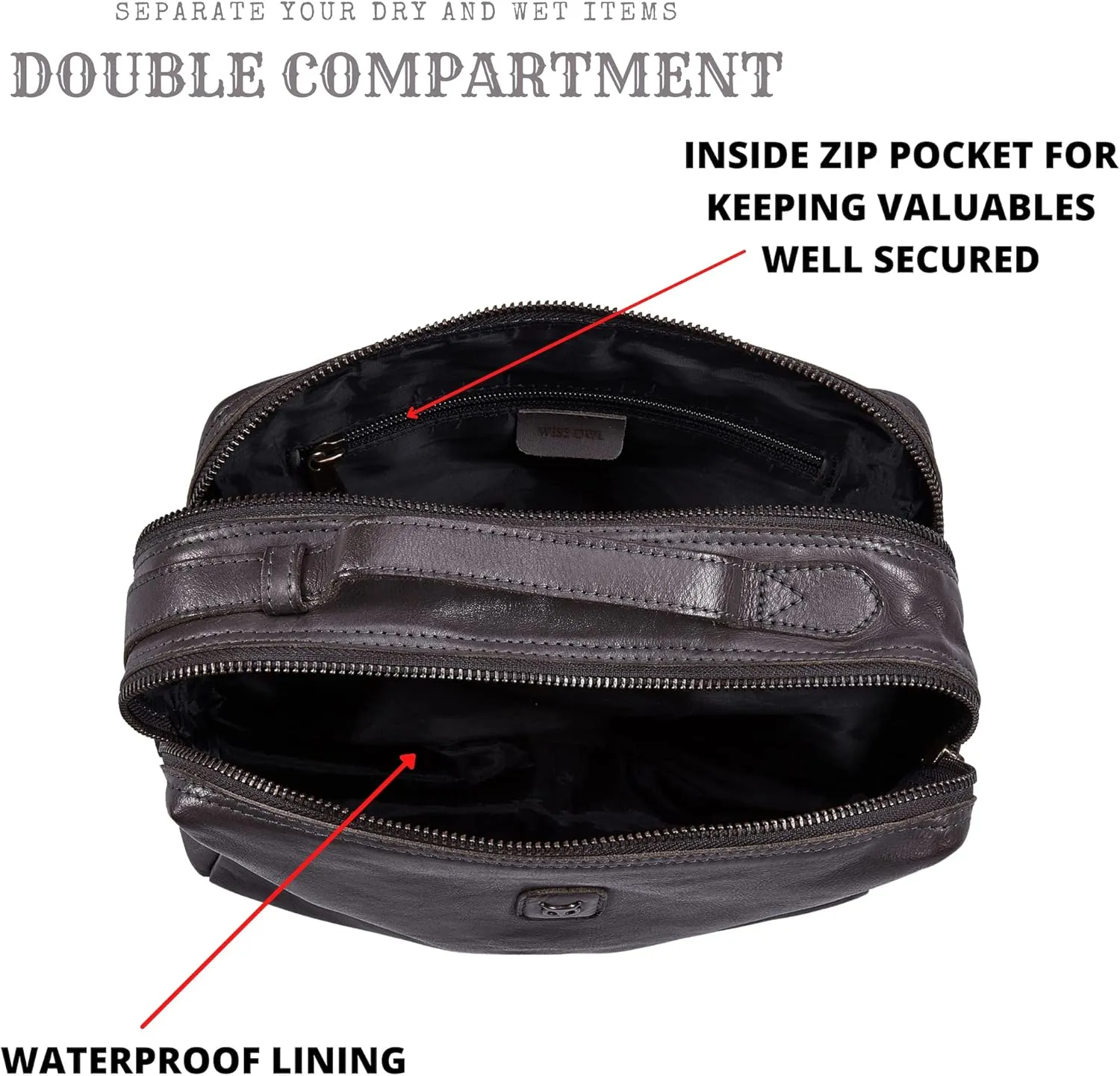 Wise Owl Accessories Real Leather Toiletry Bag Dopp Kit for Men Women Travel Shaving Pouch Organiser Double Compartment Cosmetic
