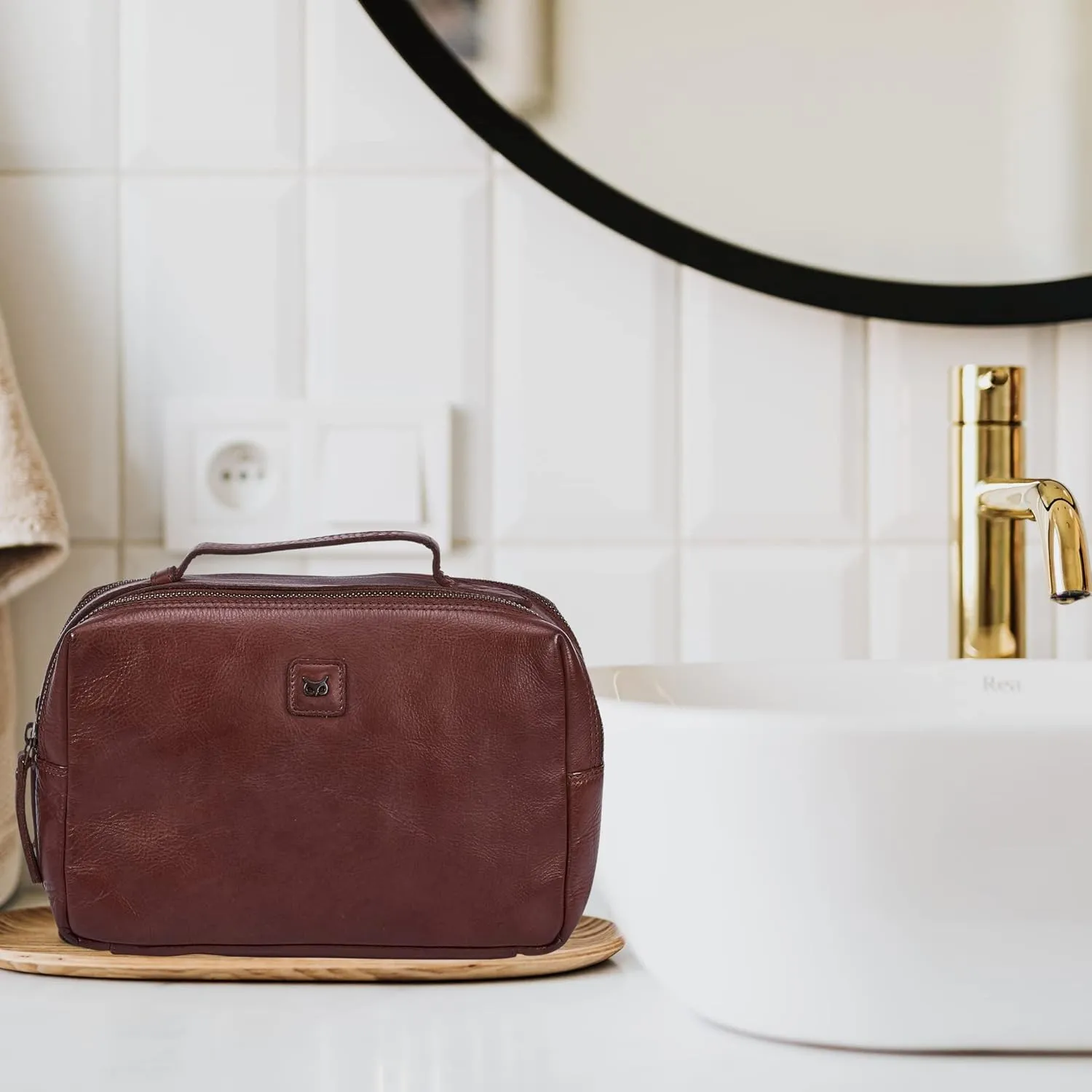 Wise Owl Accessories Real Leather Toiletry Bag Dopp Kit for Men Women Travel Shaving Pouch Organiser Double Compartment Cosmetic