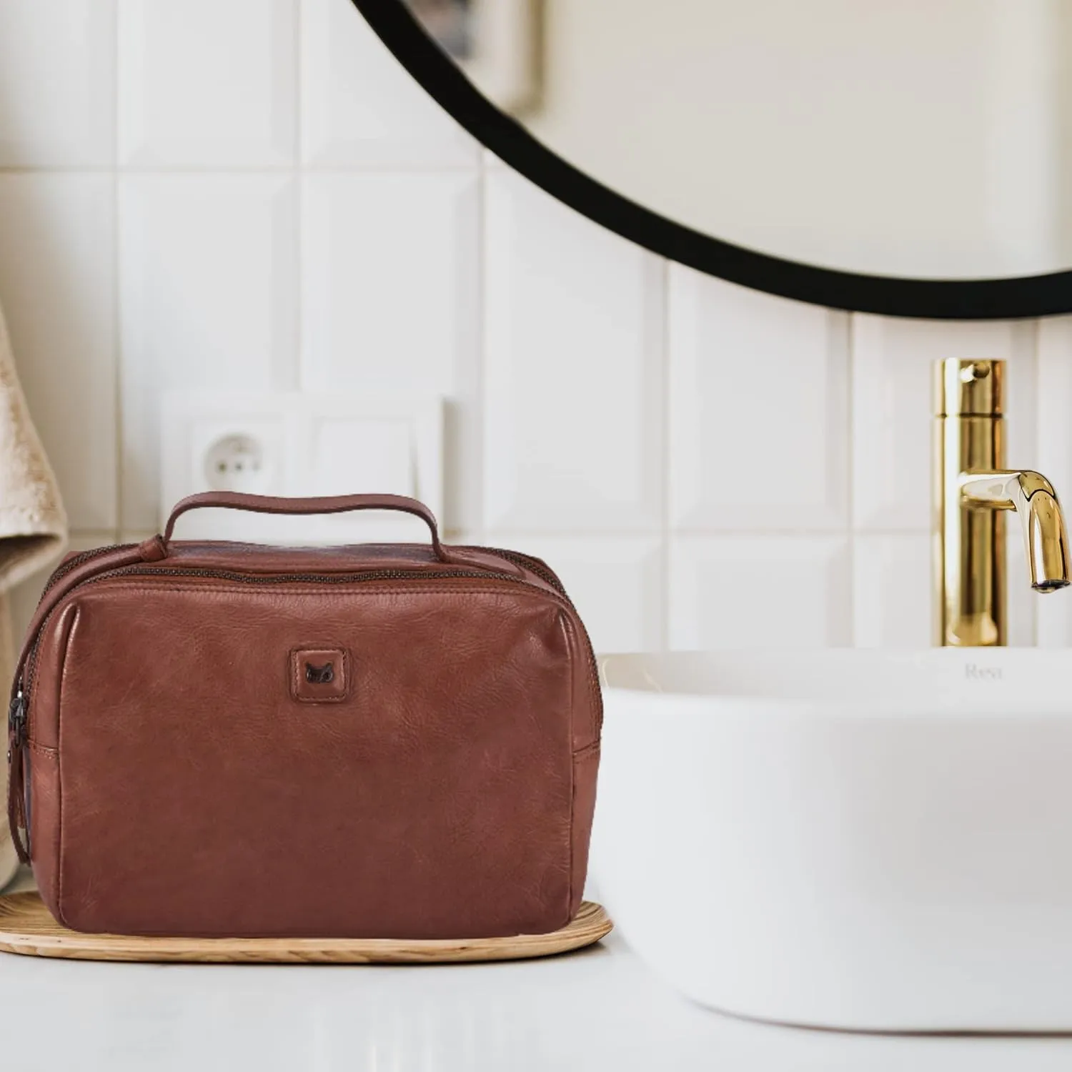 Wise Owl Accessories Real Leather Toiletry Bag Dopp Kit for Men Women Travel Shaving Pouch Organiser Double Compartment Cosmetic