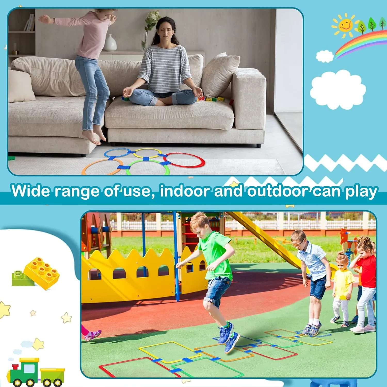 Woanger 2 Sets of Hopscotch Outdoor Squares 20 Pcs Hopscotch Ring Game with 30 Pcs Connectors Outdoor Indoor Obstacle Course for Kids Playground Agility Training