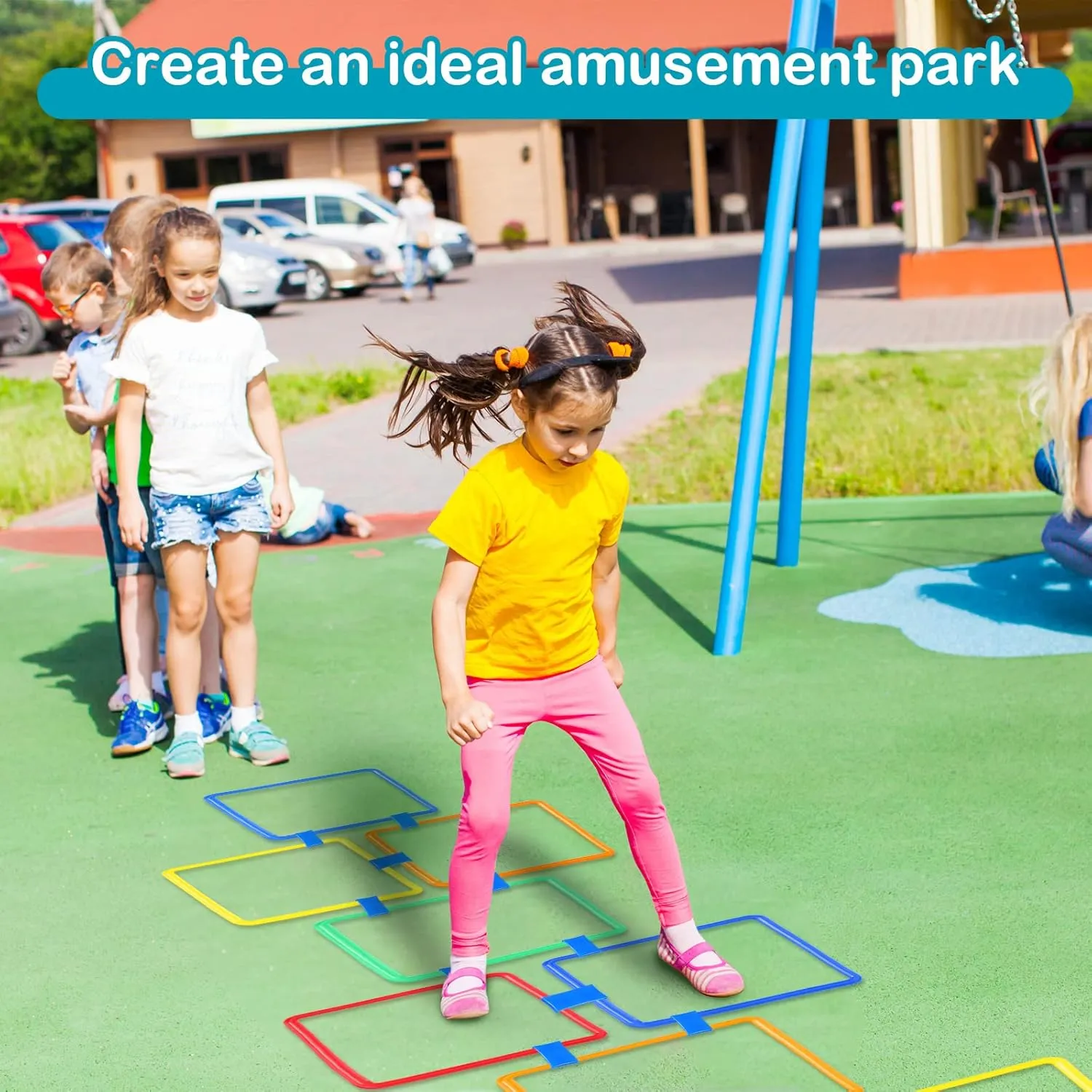 Woanger 2 Sets of Hopscotch Outdoor Squares 20 Pcs Hopscotch Ring Game with 30 Pcs Connectors Outdoor Indoor Obstacle Course for Kids Playground Agility Training