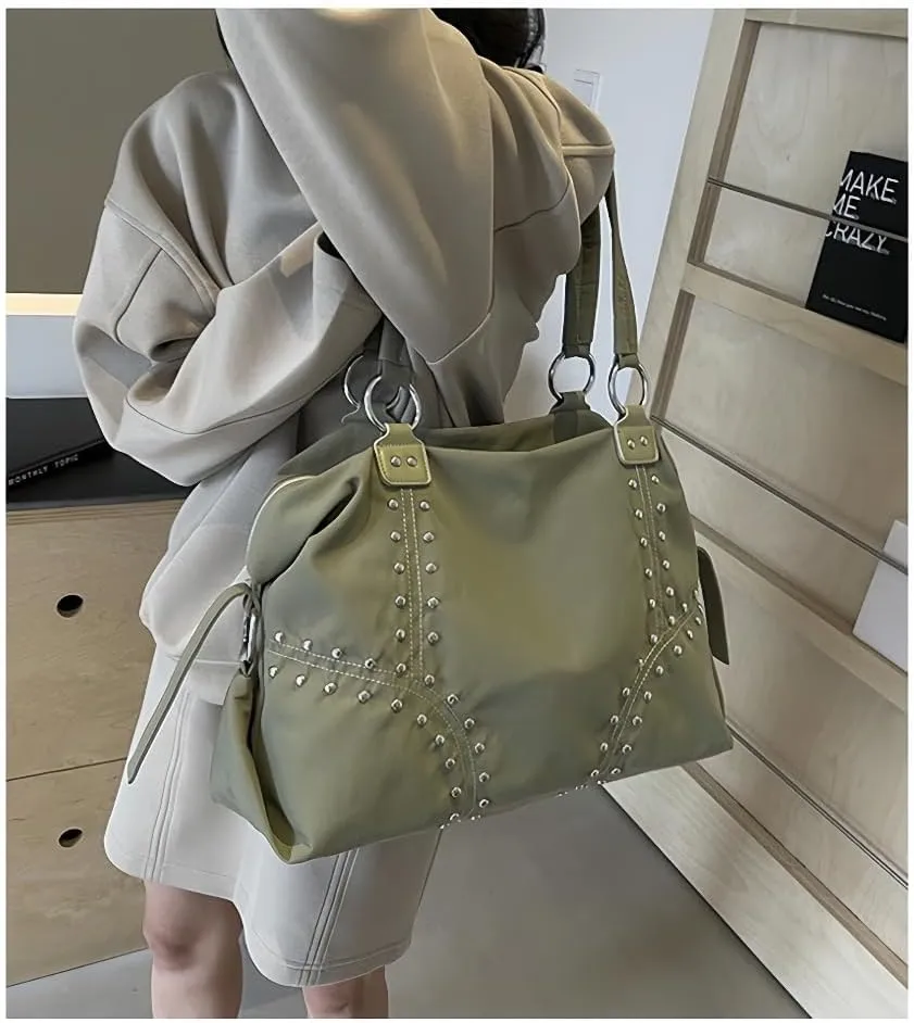 Women LadiesPunk Handbag Big Size Top Handle Shoulder Crossbody Bag Cool Studded Satchel Versatile Commuter Tote Bag