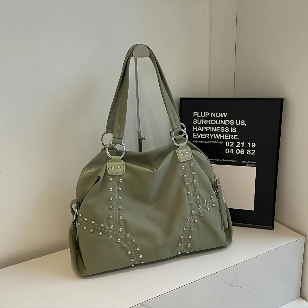 Women LadiesPunk Handbag Big Size Top Handle Shoulder Crossbody Bag Cool Studded Satchel Versatile Commuter Tote Bag