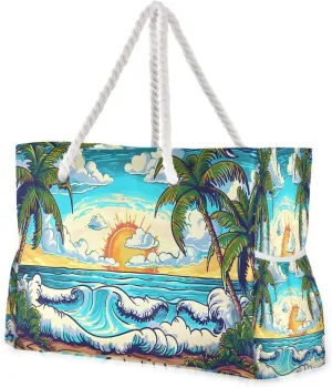Women Large Beach Bag Depict Beach Palm Trees Travel Tote Bags for Gym Sport Shoulder Bag