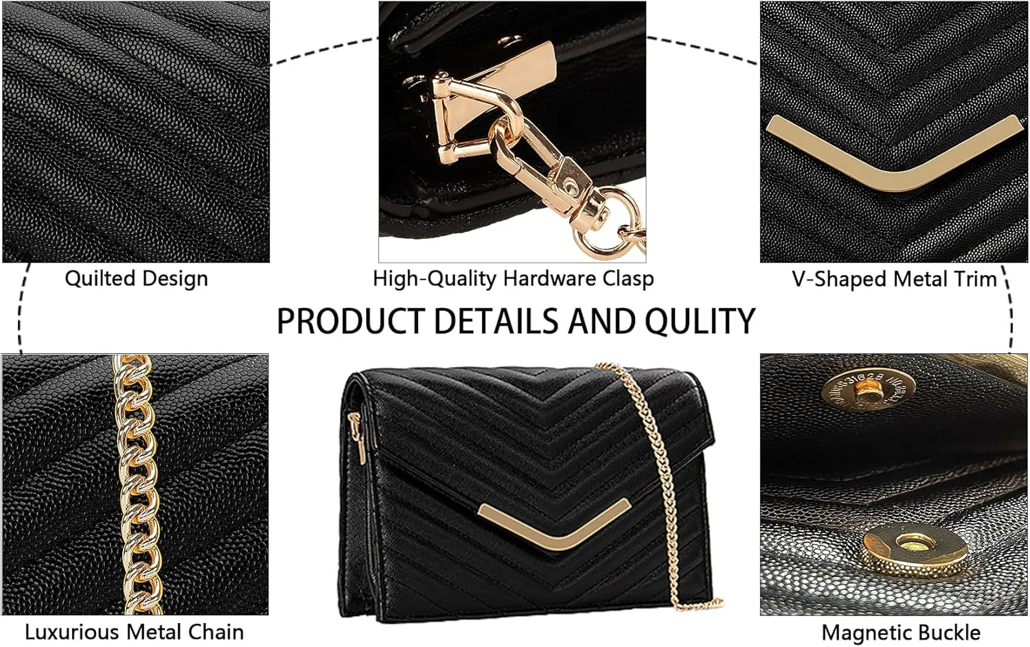 Women's Crossbody Bag - Vegan Leather Quilted Shoulder Purse,Detachable Chain Strap&Multi-Pockets for Everyday Use