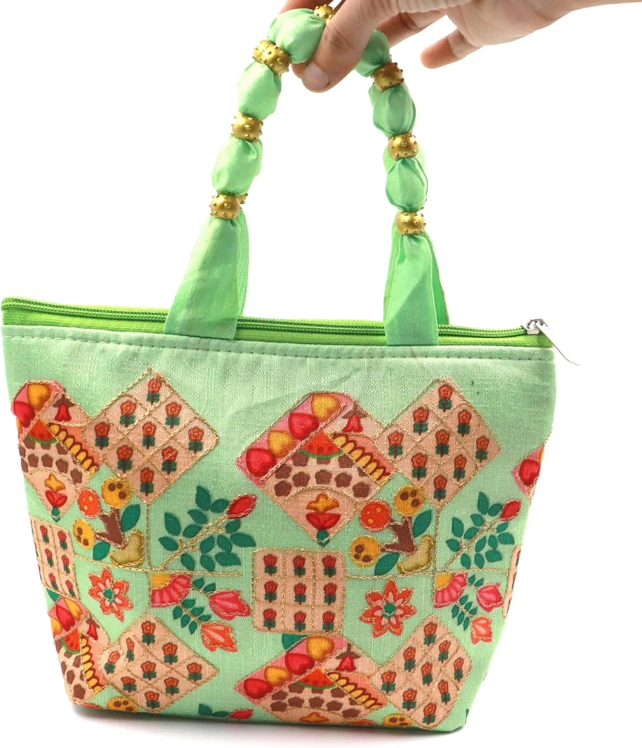 Womens Designer Embroidery Handbag Handmade Satin Bags for Wedding Party Fancy Purse with Top Handle