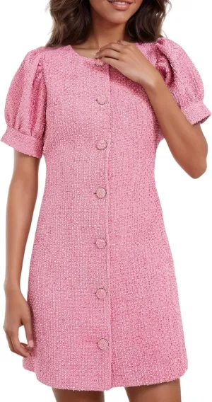 Womens Tweed Jackie Dress Elegant Crew Neck Puff Short Sleeve Button Down Mini Dress