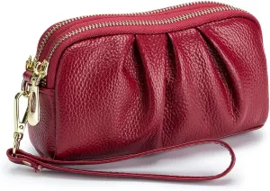 Wristlet Wallets for Women Genuine Leather Wristlet Purses Ladies Ruched Wristlet Clutch Wallet Purses