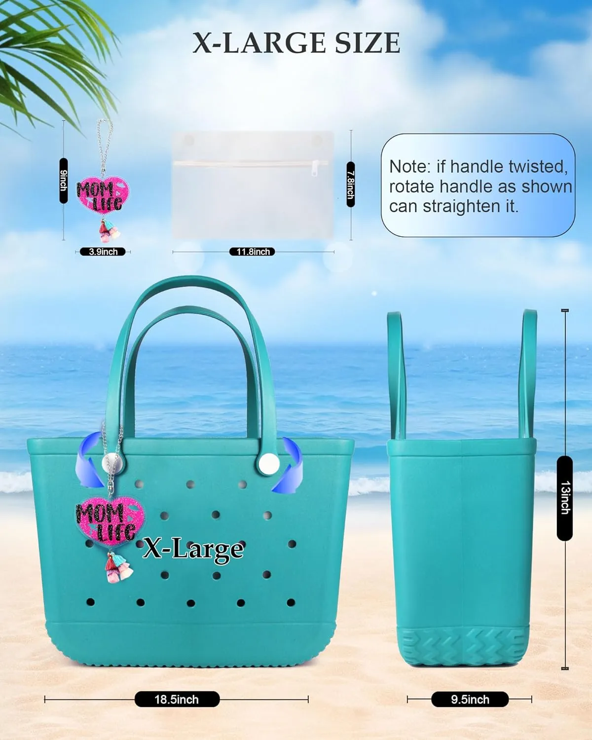 X-Large Beach Rubber Tote Bag with Charms, Women Waterproof Original Handbag for Outdoor Modern Travel Sports