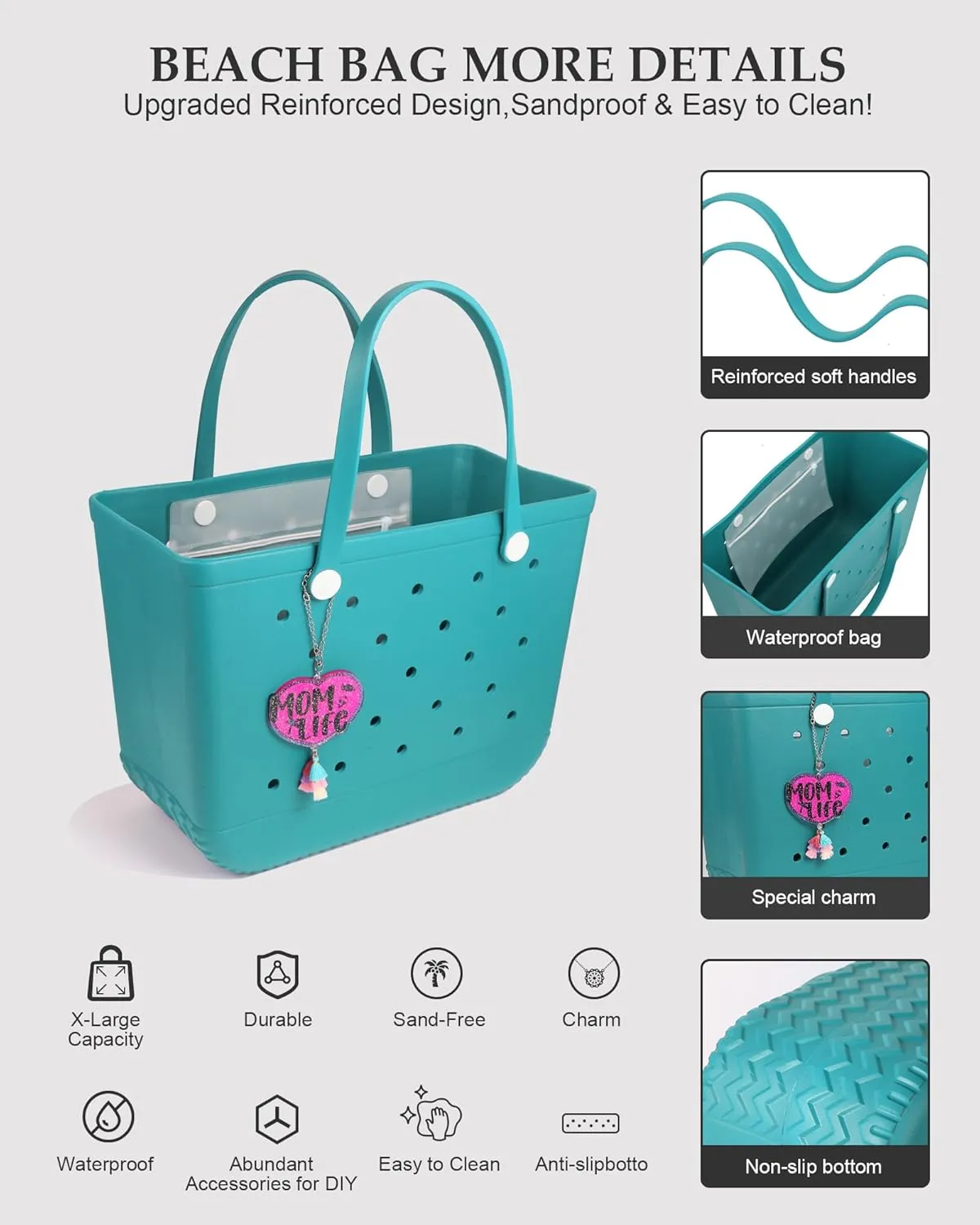 X-Large Beach Rubber Tote Bag with Charms, Women Waterproof Original Handbag for Outdoor Modern Travel Sports