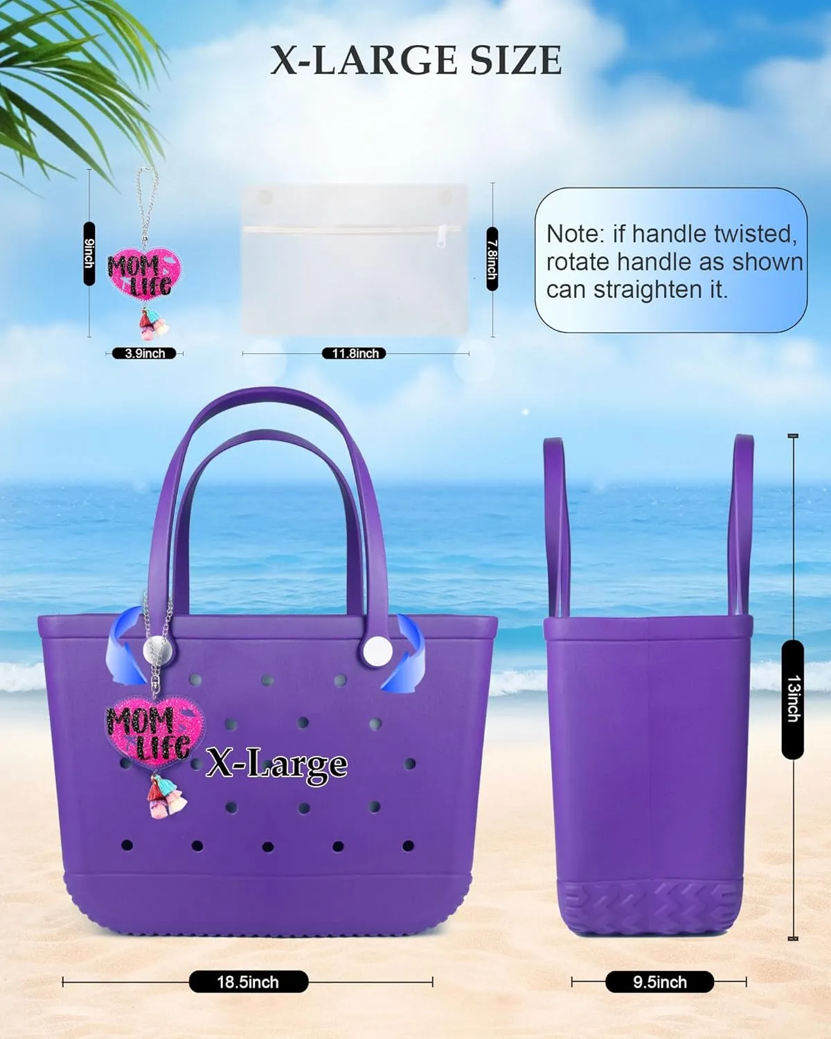 X-Large Beach Rubber Tote Bag with Charms, Women Waterproof Original Handbag for Outdoor Modern Travel Sports