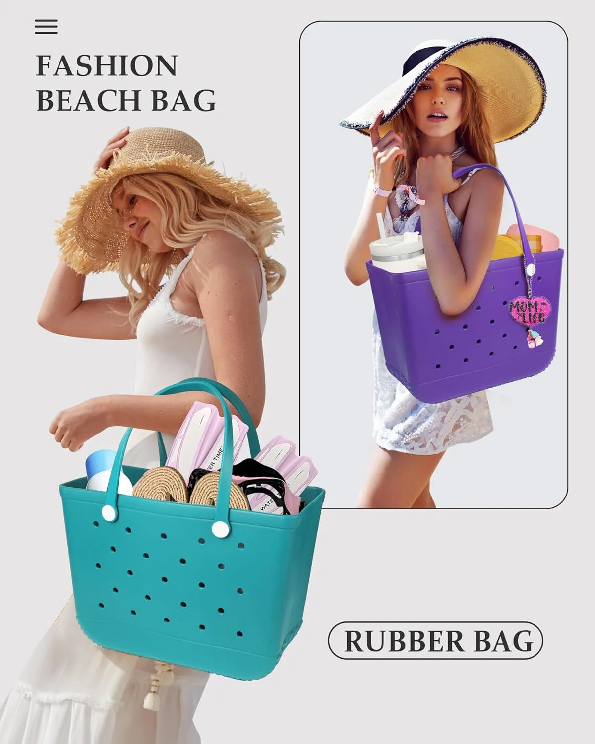 X-Large Beach Rubber Tote Bag with Charms, Women Waterproof Original Handbag for Outdoor Modern Travel Sports