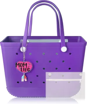 X-Large Beach Rubber Tote Bag with Charms, Women Waterproof Original Handbag for Outdoor Modern Travel Sports