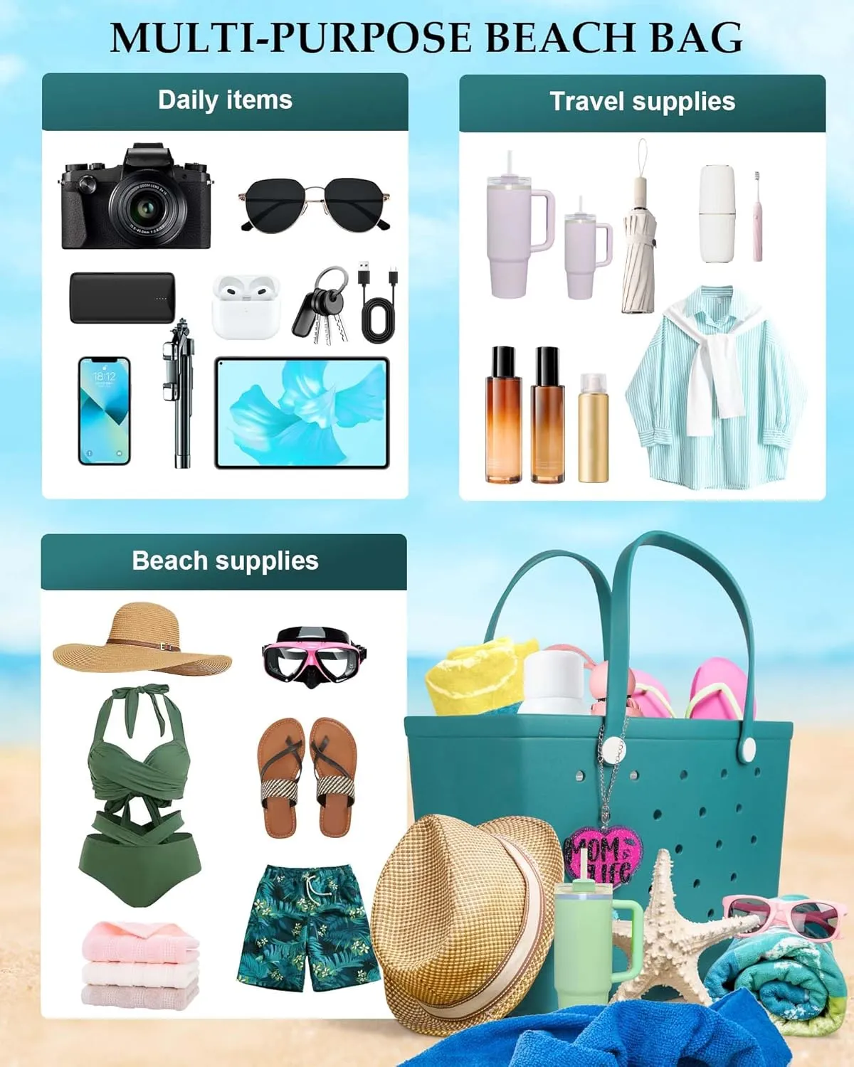 X-Large Beach Rubber Tote Bag with Charms, Women Waterproof Original Handbag for Outdoor Modern Travel Sports