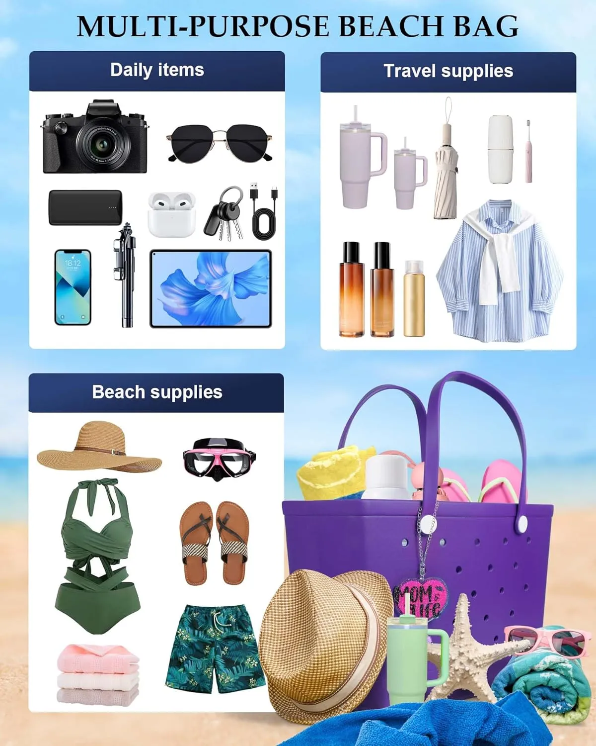 X-Large Beach Rubber Tote Bag with Charms, Women Waterproof Original Handbag for Outdoor Modern Travel Sports