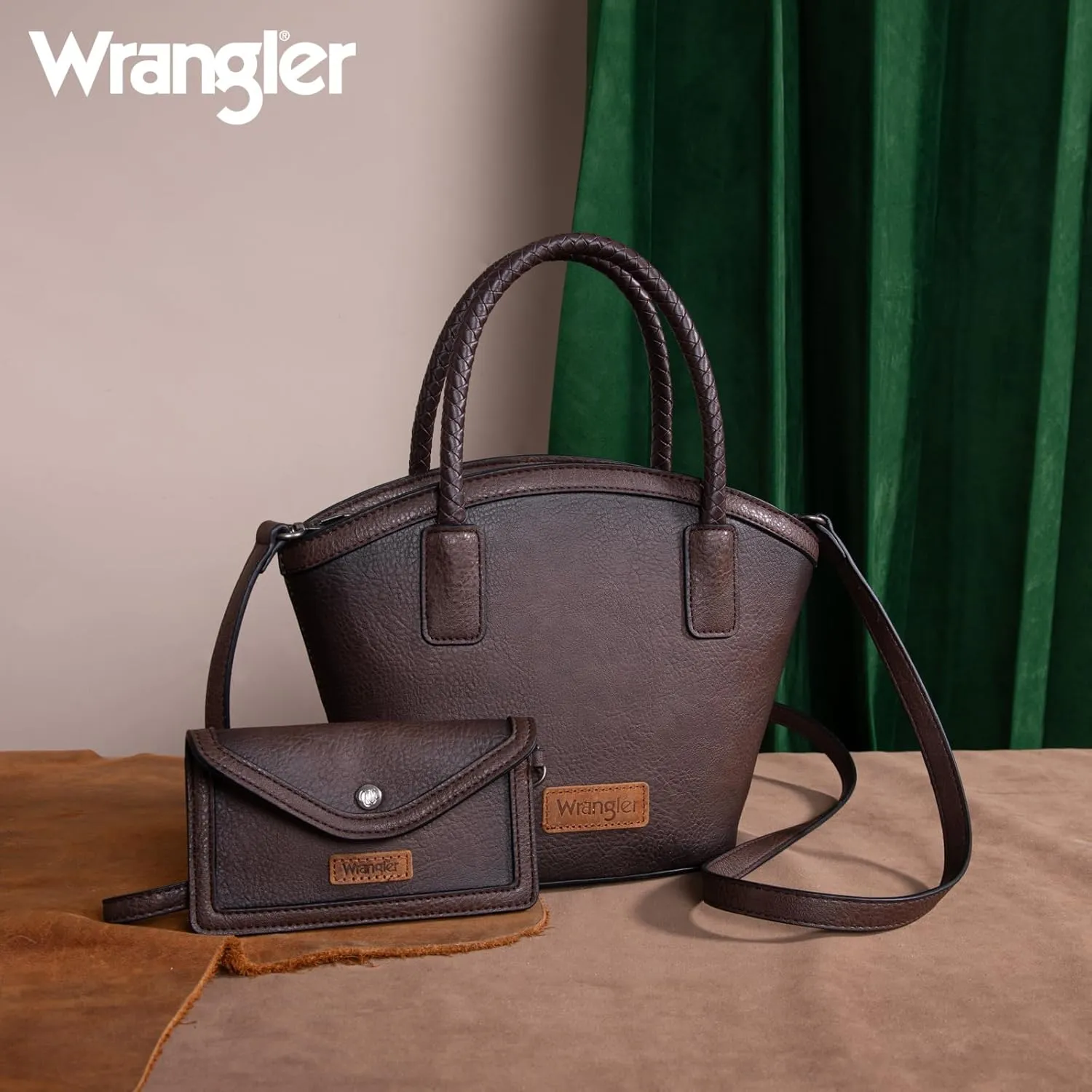 x Wrangler Small Tote Bag for Women Distressed Shoulder Purse Woven Handle Tote Handbag with Small Clutch Wallet
