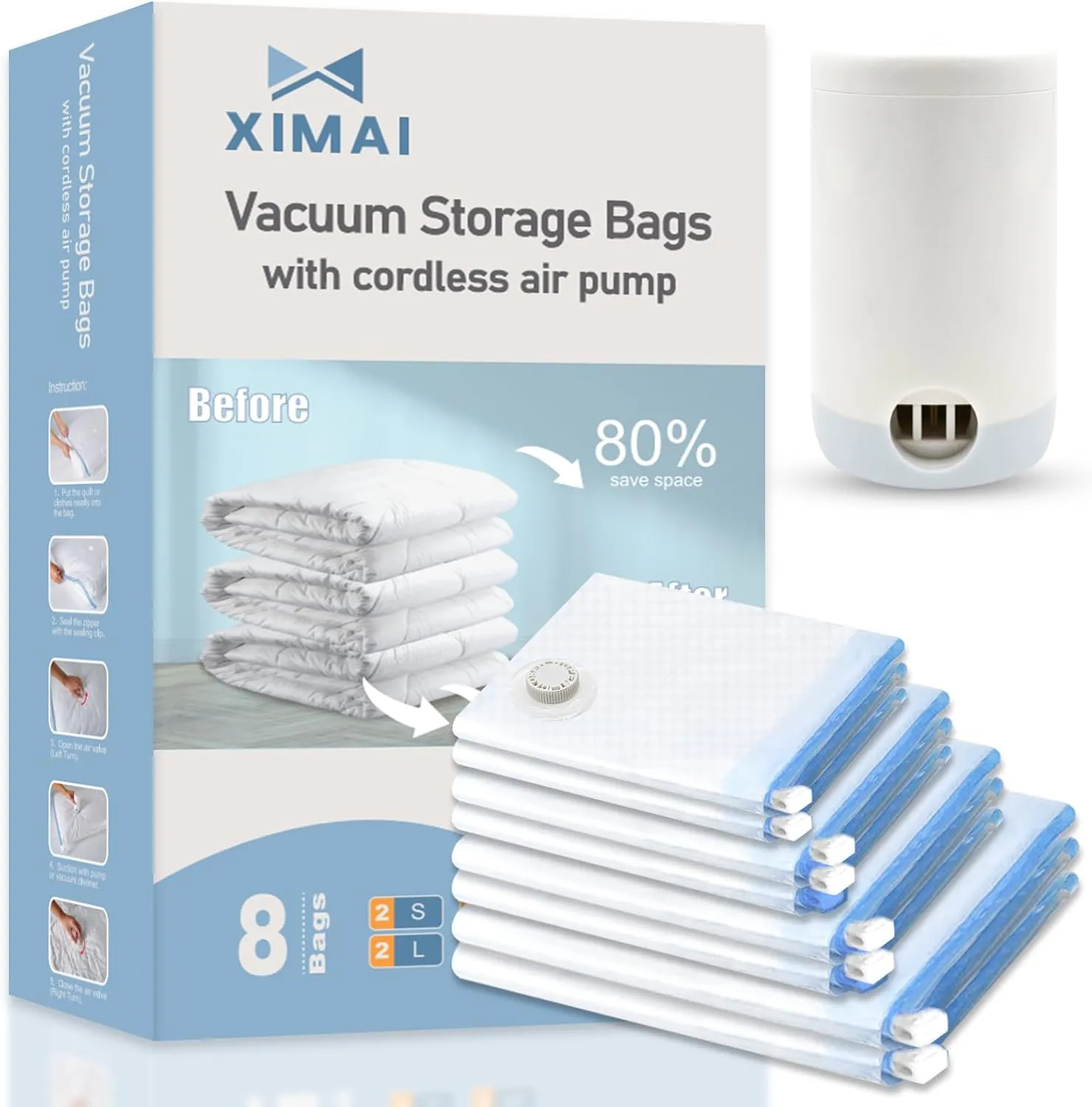 XIMAI Vacuum Storage Bags with Electric Pump for Clothes,8 Combo Seal Bags for Clothing,Space Saver for Comforters,Blankets,Bedding,Vacuum Sealer Bags for Travel, Space Saver