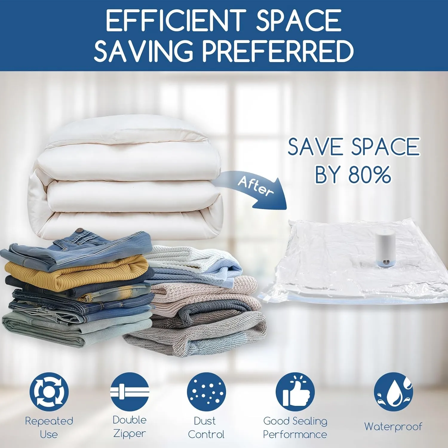 XIMAI Vacuum Storage Bags with Electric Pump for Clothes,8 Combo Seal Bags for Clothing,Space Saver for Comforters,Blankets,Bedding,Vacuum Sealer Bags for Travel, Space Saver