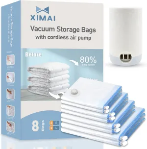 XIMAI Vacuum Storage Bags with Electric Pump for Clothes,8 Combo Seal Bags for Clothing,Space Saver for Comforters,Blankets,Bedding,Vacuum Sealer Bags for Travel, Space Saver