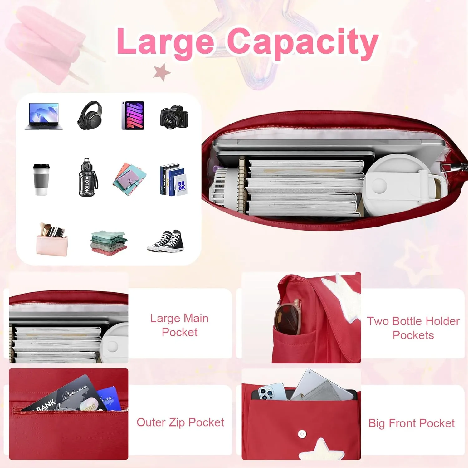 Y2K Messenger Bag for Women, Lightweight Spacious Stars Tote Purse with Cute Coin Purse, Crossbody Shoulder Bag
