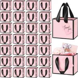 Yeaqee 50 Pcs Mini Metallic Foil Gift Bags with Handles 4x4.75x2.25'' Tiny Thank You Favor Bags Bulk with Tag for Easter Mother's Day Wedding Favor Birthday Bridal Shower Party(Light Pink, Black)