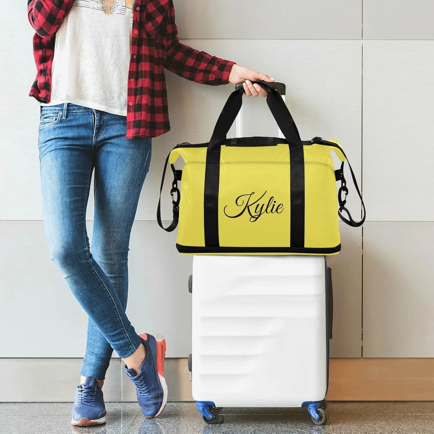 Yellow Custom Gym Bag for Women Men Personalized Duffel Bag with Shoe Compartment Weekender Bags Carry On Bag Overnight Bag for Gym Travel Yoga Sport Men Women