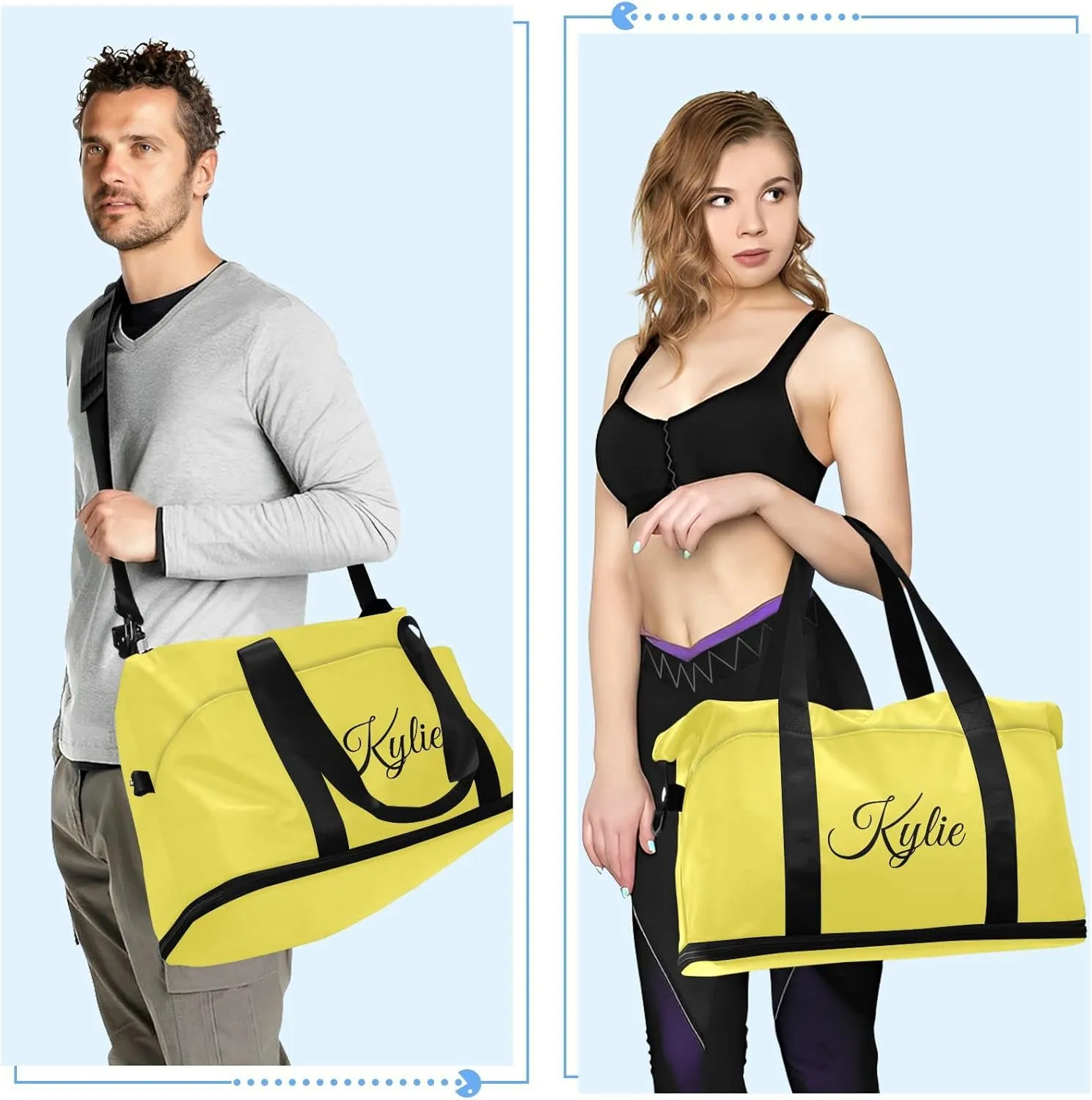 Yellow Custom Gym Bag for Women Men Personalized Duffel Bag with Shoe Compartment Weekender Bags Carry On Bag Overnight Bag for Gym Travel Yoga Sport Men Women